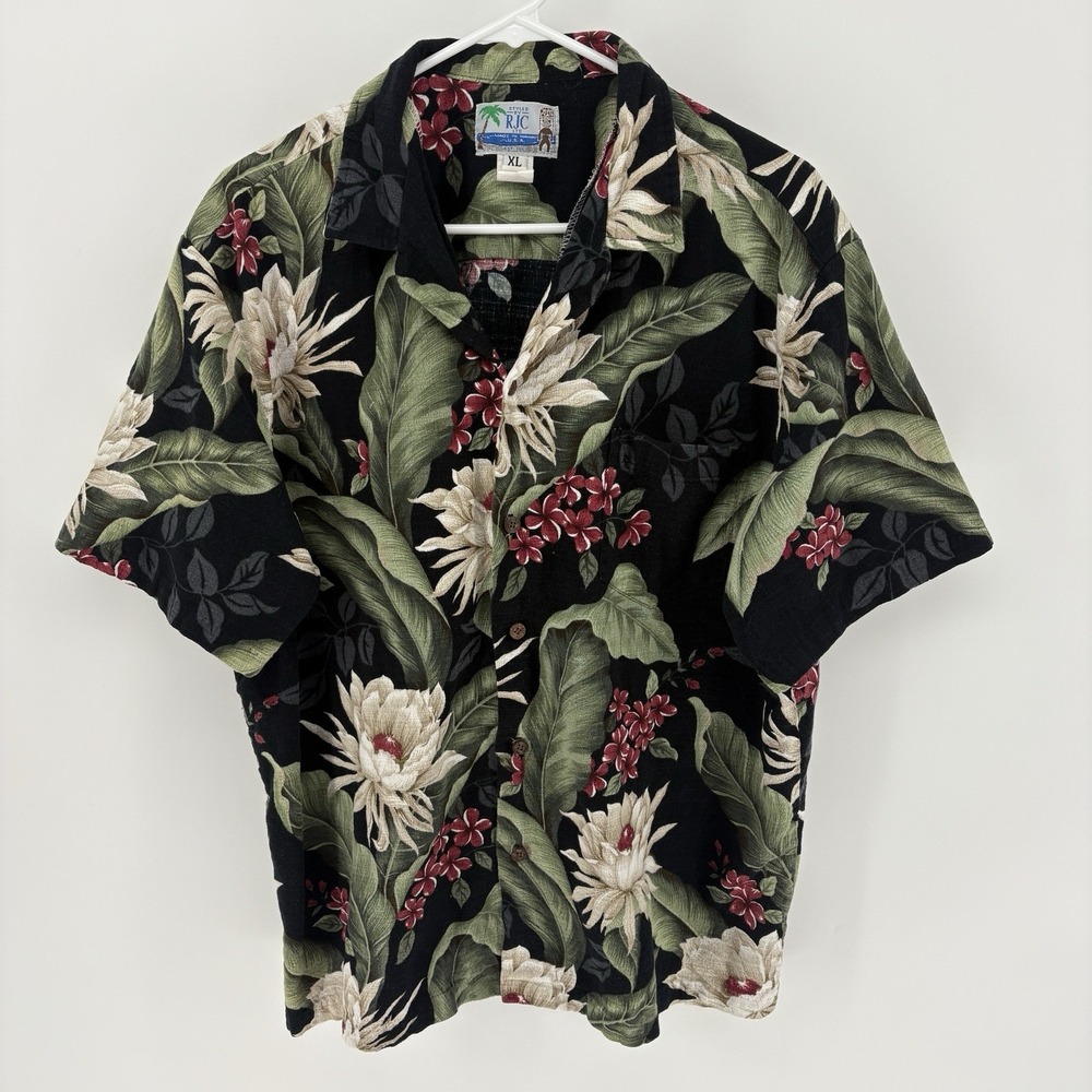 RJC Mens XL Hawaiian Shirt VTG Black Tropical Floral Aloha 100% Cotton USA Made